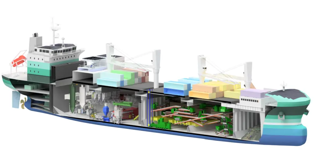 The SeeElefant recycling ship, shown with its hull open to reveal the sorting and recycling systems on board